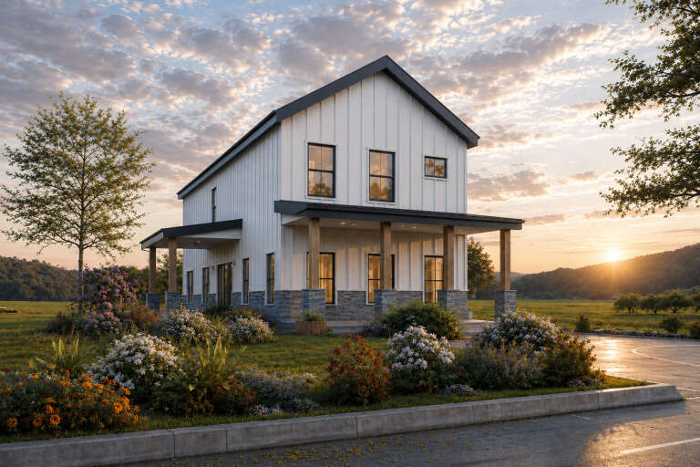 White Modern Farmhouse, Angled Front Elevation, board-and-batten siding, stone base, wood columns, lush landscaping. House Plan # 4100-00048 Digital Rendering by America's Best House Plans, Inc.