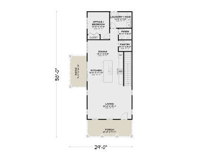 Main Floor: 1BR, 0.5BA, Living, Kitchen, Dining, Office, Ldry/Mud, Pantry, Porch, Patio, 10' ceilings, stairs. House Plan # 4100-00048 Main Floor  Floor Plan Drawing by America's Best House Plans, Inc.
