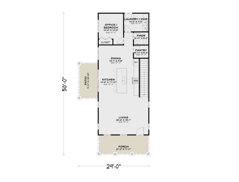 Main Floor: 1BR, 0.5BA, Living, Kitchen, Dining, Office, Ldry/Mud, Pantry, Porch, Patio, 10' ceilings, stairs. House Plan # 4100-00048 Main Floor  Floor Plan Drawing by America's Best House Plans, Inc.