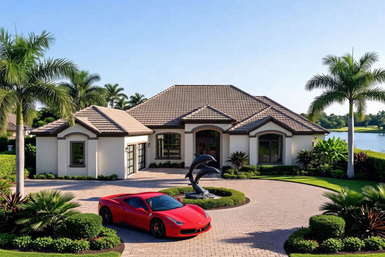 Cream Contemporary Front Elevation, stucco siding, tile roof, paver driveway, dolphin fountain, and tropical landscaping. House Plan # 4440-00009 Digital Rendering by America's Best House Plans, Inc.