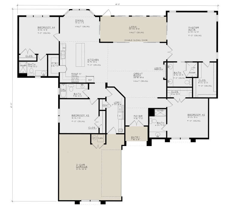 Main Floor: 4BR, 3BA, Great Room, Kitchen, Dining, Ldry, 2-car garage, Lanai, Fireplace, WICs, Vaulted ceilings. House Plan # 4440-00009 Main Floor  Floor Plan Drawing by America's Best House Plans, Inc.