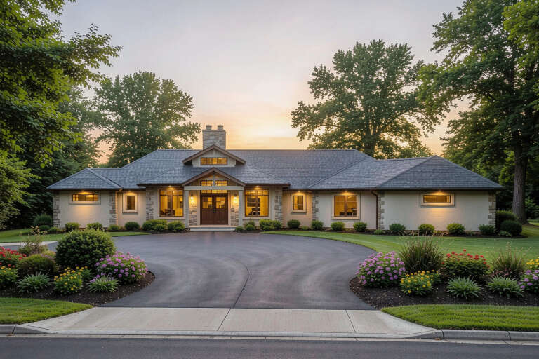 Beige Contemporary, Front Elevation at dusk, stucco and stone siding, lit windows, circular driveway, lush landscaping. House Plan # 4440-00010 Digital Rendering by America's Best House Plans, Inc.