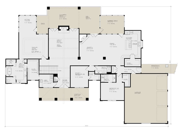 Main Floor: 3BR, 3BA, Great Rm, Hearth, Kitchen, Dining, Study, Ldry, 3-car garage, 2 FPs, Deck, Screen Deck, Portico. House Plan # 4440-00010 Main Floor  Floor Plan Drawing by America's Best House Plans, Inc.