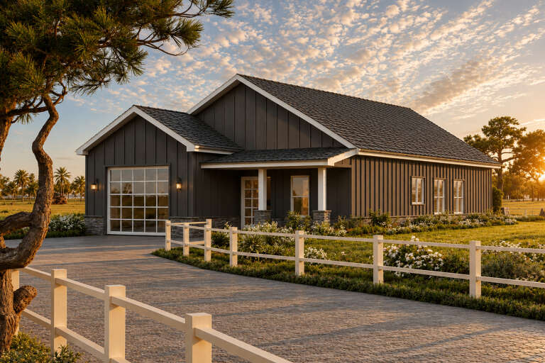 Charcoal Modern Farmhouse, Angled Front Elevation, board-and-batten siding, stone base, white fence, and sunset lighting. House Plan # 4100-00049 Digital Rendering by America's Best House Plans, Inc.