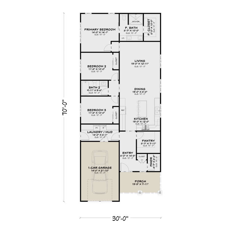 Main Floor: 3BR, 2.5BA, Kitchen, Dining, Living, Pantry, Ldry/Mud, 1-car garage, Porch. WIC, 10' ceilings throughout. House Plan # 4100-00049 Main Floor  Floor Plan Drawing by America's Best House Plans, Inc.