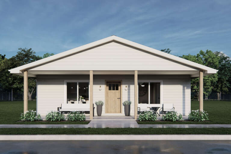 Cream Country Front Elevation, horizontal siding, wooden porch posts, wood door, wall sconces, and landscaped porch. House Plan # 7140-00001 Digital Rendering by America's Best House Plans, Inc.