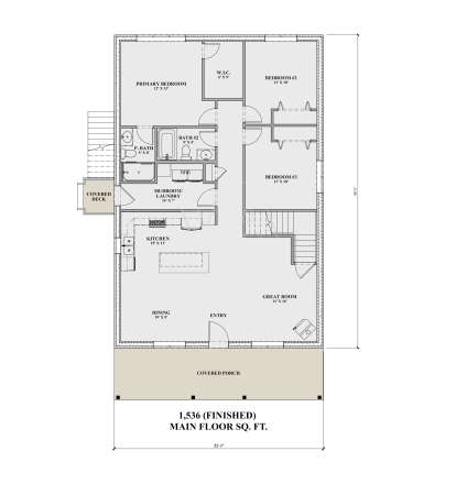 Main Floor: 3BR, 2BA, Great Room, Kitchen, Dining, Mud/Ldry, WIC. Covered porch, covered deck, stairs. 1,536 finished sq ft. House Plan # 7140-00001 Main Floor  Floor Plan Drawing by America's Best House Plans, Inc.