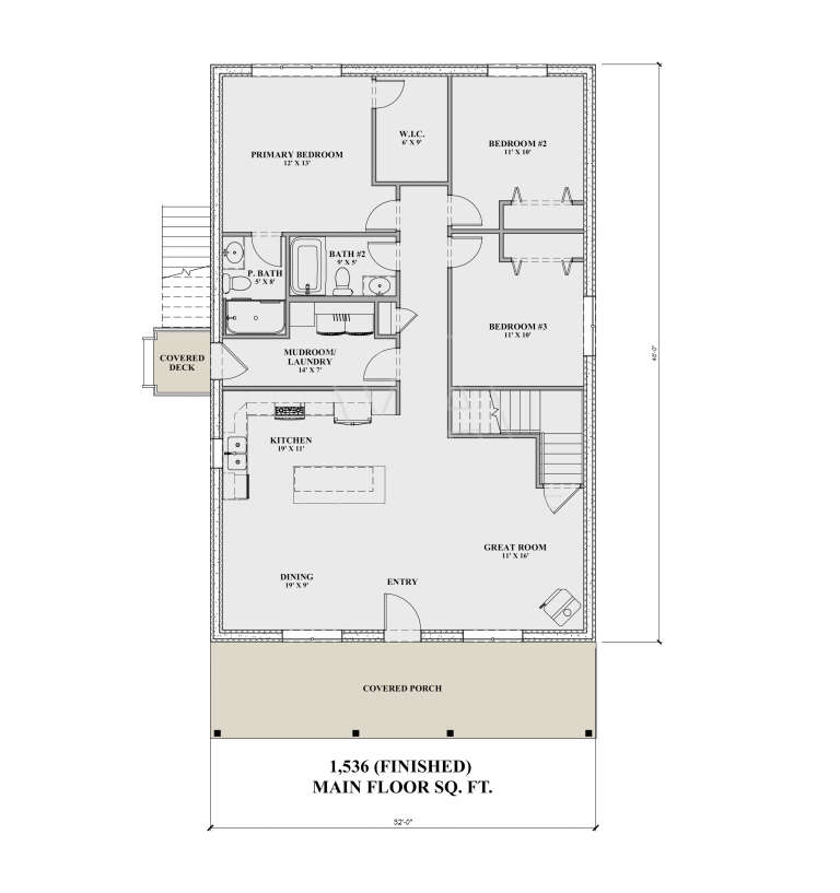 Main Floor: 3BR, 2BA, Great Room, Kitchen, Dining, Mud/Ldry, WIC. Covered porch, covered deck, stairs. 1,536 finished sq ft. House Plan # 7140-00001 Main Floor  Floor Plan Drawing by America's Best House Plans, Inc.