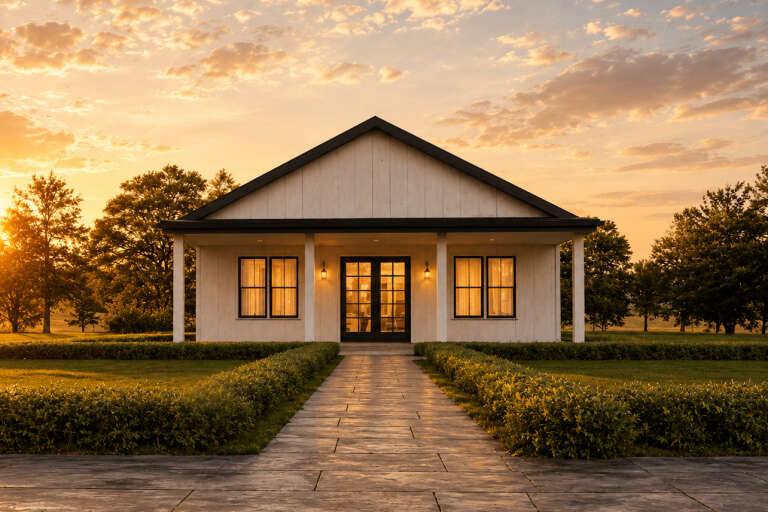White Country, Front Elevation at Dusk, vertical siding, stone path, manicured hedges, lit porch, glowing windows. House Plan # 4100-00050 Digital Rendering by America's Best House Plans, Inc.