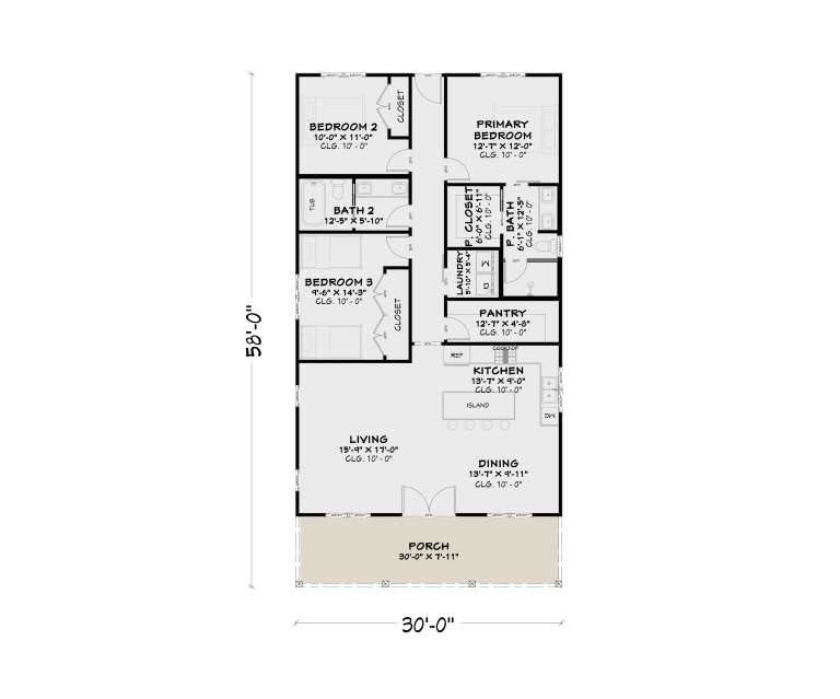 Main Floor: 3BR, 2BA, Living, Dining, Kitchen, Pantry, Ldry, Porch. 10' ceilings throughout. WIC in Primary BR. House Plan # 4100-00050 Main Floor  Floor Plan Drawing by America's Best House Plans, Inc.