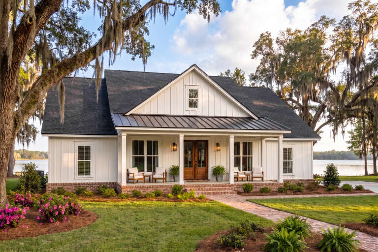 White Modern Farmhouse, Angled Front Elevation, board-and-batten siding, brick base, metal roof, wooden door, landscaping. House Plan # 041-00449 Digital Rendering by America's Best House Plans, Inc.