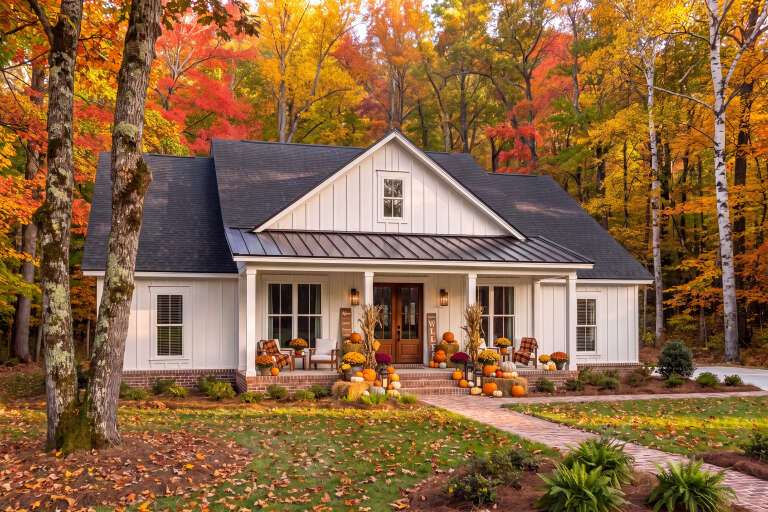 Front view of a white house in Modern Farmhouse style, board-and-batten siding, metal roof accent, and fall decor. House Plan # 041-00449