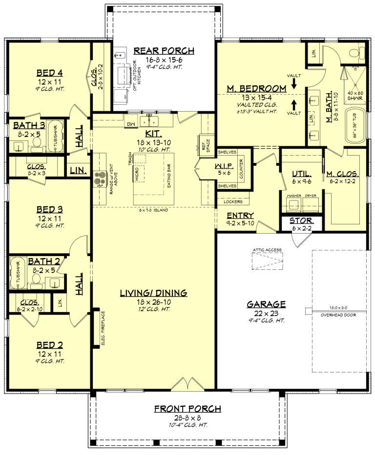 Main Floor: 4BR, 2.5BA, Kit, Living/Dining, Ldry, 2-car garage, 2 porches, fireplace. Vaulted M.BR. WIC & linen closets. House Plan # 041-00449 Main Floor  Floor Plan Drawing by America's Best House Plans, Inc.