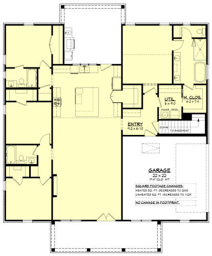 Main Floor w/ Basement Stairs: 3BR, 2BA, Kitchen, Living, Entry, Ldry, 2-car garage, covered porch & rear patio. M. WIC. House Plan # 041-00449 Main Floor w/ Basement Stairs Location Floor Plan Drawing by America's Best House Plans, Inc.