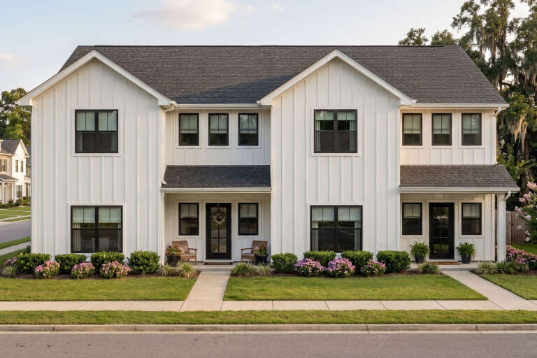 White Modern Farmhouse, Front Elevation with vertical board-and-batten siding, black window frames, and floral landscaping. House Plan # 963-01314 Digital Rendering by America's Best House Plans, Inc.