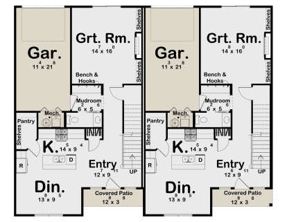 Main Floor: Duplex unit. Kitchen, Dining, Grt Rm, Mudroom, Pantry, Entry, 1-car garage, Covered Patio, stairs. Mech room. House Plan # 963-01314 Main Floor  Floor Plan Drawing by America's Best House Plans, Inc.
