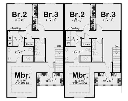 Second Floor: 6BR, 4BA, 2 Ldry rooms, 2 sets of stairs. Mbrs have 9' ceilings, WICs, and private baths. Linen closets. House Plan # 963-01314 Second Floor Floor Plan Drawing by America's Best House Plans, Inc.