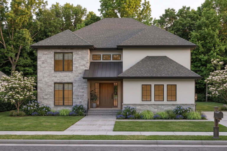 Grey Contemporary Front Elevation, stone and stucco siding, metal roof accent, wooden door, lush landscaping, paved path. House Plan # 963-01315 Digital Rendering by America's Best House Plans, Inc.