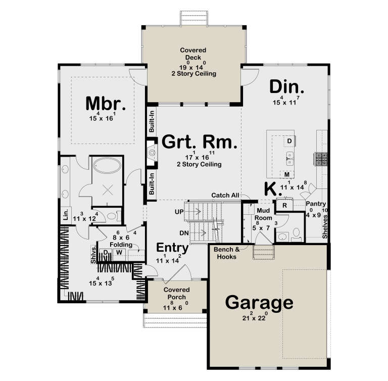 Main Floor: 1BR, 2BA, Grt Rm, Din, Kitchen, Pantry, Mud, Ldry, 2-car garage, 2-story ceilings, Covered Deck & Porch, Stairs. House Plan # 963-01315 Main Floor  Floor Plan Drawing by America's Best House Plans, Inc.