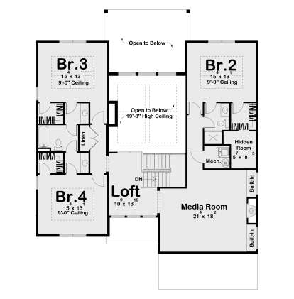 Second Floor: 3BR, 2BA, Loft, Media Room, Hidden Room, Mech, stairs, 9' ceilings, open to below, 19'8" high ceiling area. House Plan # 963-01315 Second Floor Floor Plan Drawing by America's Best House Plans, Inc.