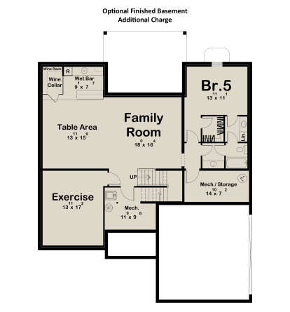 Basement: 1BR, 1BA, Family Room, Table Area, Exercise Rm, Wet Bar, Wine Cellar, Mech/Storage, Stairs, Patio. House Plan # 963-01315 Basement Floor Plan Drawing by America's Best House Plans, Inc.