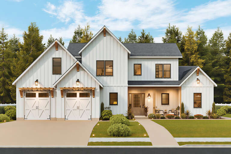 White Modern Farmhouse, Front Elevation, board-and-batten siding, wood pergolas, lantern lighting, and lush landscaping. House Plan # 4195-00093 Digital Rendering by America's Best House Plans, Inc.