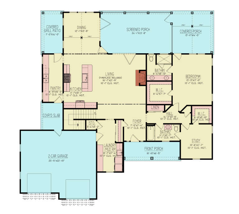 Main Floor: 1BR, Study, 2BA, Kitchen, Pantry, Living w/ FP, Dining, Ldry/Mud, 2-car garage, 3 porches, patio, 2 WICs. House Plan # 4195-00093 Main Floor  Floor Plan Drawing by America's Best House Plans, Inc.