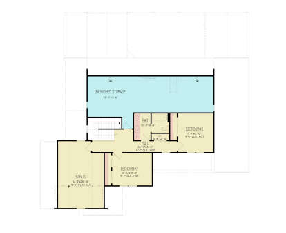 Second Floor: 2 BR, 1 BA, Bonus room, Hall, Linen closets, Stairs. Unfinished storage area. Vaulted ceilings in Bonus. House Plan # 4195-00093 Second Floor Floor Plan Drawing by America's Best House Plans, Inc.