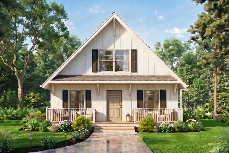 White Cottage, Front Elevation, board-and-batten siding, dark shutters, covered porch, stone walkway, lush landscaping. House Plan # 699-00538 Digital Rendering by America's Best House Plans, Inc.