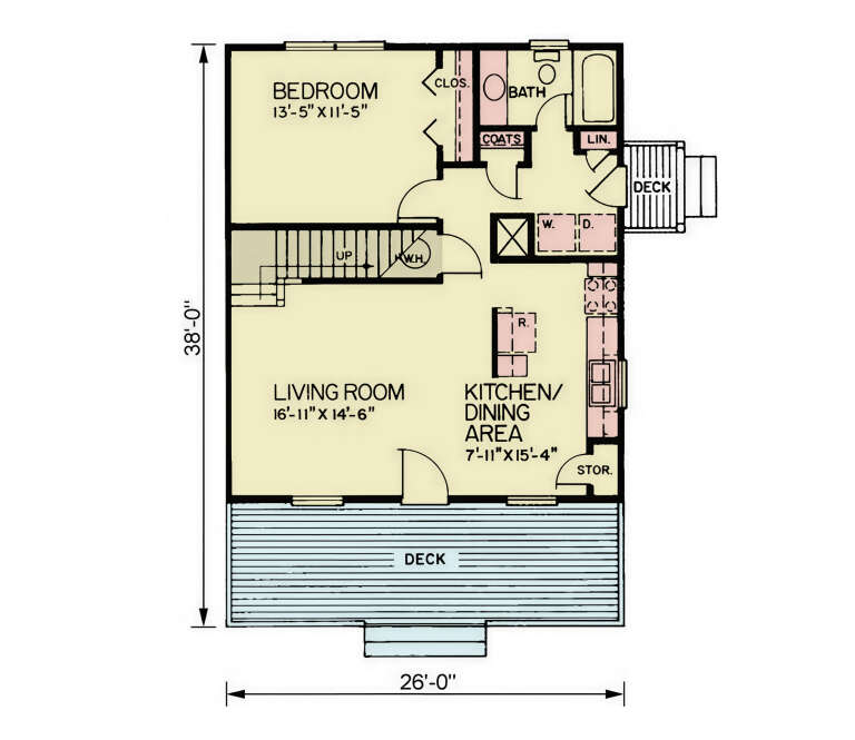 Main Floor: 1BR, 1BA, Living Room, Kitchen/Dining, Ldry, Stairs, 2 Decks, Closets, Storage. Unheated: decks, storage. House Plan # 699-00538 Main Floor Floor Plan Drawing by America's Best House Plans, Inc.