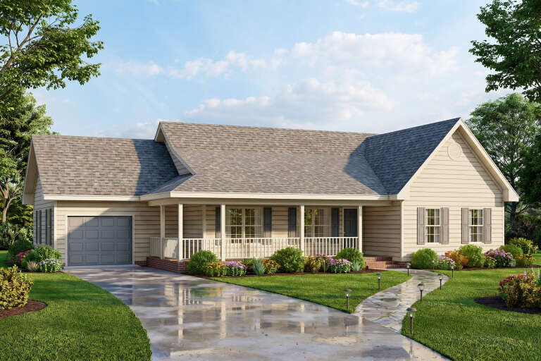 Tan Country, Angled Front Elevation, horizontal siding, covered porch, stone walkway, landscape lighting, lush lawn. House Plan # 699-00539 Digital Rendering by America's Best House Plans, Inc.