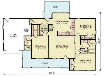 Main Floor: 3BR, 2BA, Living, Kitchen/Dining, Ldry, Pantry, 1-car garage, storage, porch, deck, coat/linen/walk-in closets. House Plan # 699-00539 Main Floor Floor Plan Drawing by America's Best House Plans, Inc.