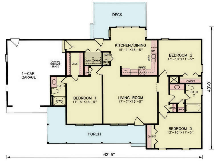 Main Floor: 3BR, 2BA, Living, Kitchen/Dining, Ldry, Pantry, 1-car garage, storage, porch, deck, coat/linen/walk-in closets. House Plan # 699-00539 Main Floor Floor Plan Drawing by America's Best House Plans, Inc.