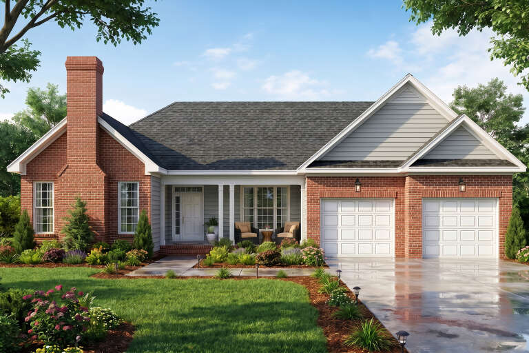 Red Traditional, Front Elevation with brick siding, covered porch, two-car garage, lush landscaping, and path lighting. House Plan # 699-00540 Digital Rendering by America's Best House Plans, Inc.
