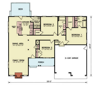 Main Floor: 3BR, 2BA, Kitchen, Brkfst, Dining, Family, Fireplace, Ldry/Pantry, 2-car garage, Deck, Porch, Closets. House Plan # 699-00540 Main Floor Floor Plan Drawing by America's Best House Plans, Inc.
