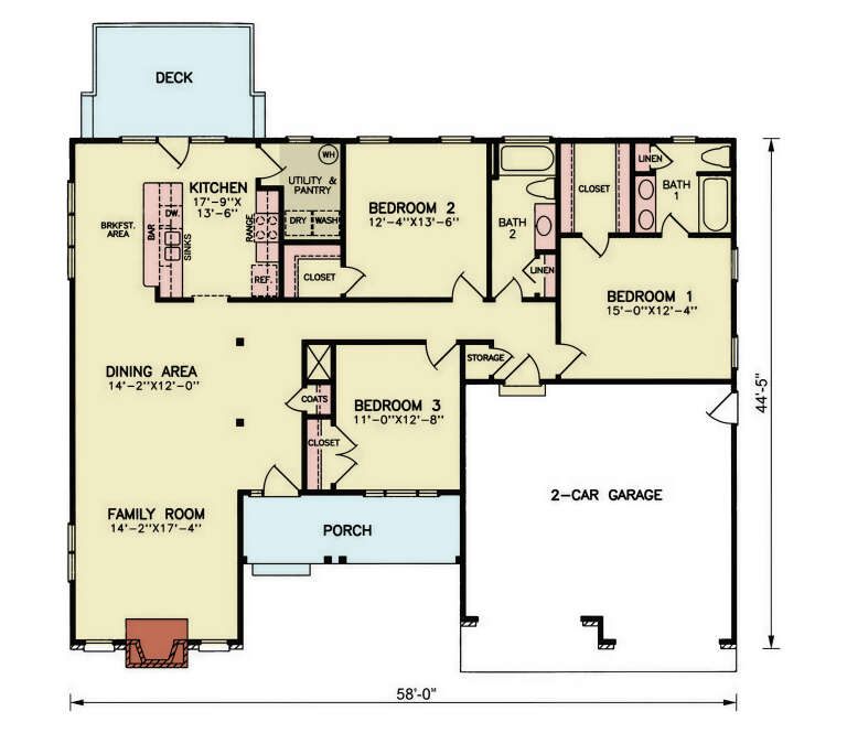Main Floor: 3BR, 2BA, Kitchen, Brkfst, Dining, Family, Fireplace, Ldry/Pantry, 2-car garage, Deck, Porch, Closets. House Plan # 699-00540 Main Floor Floor Plan Drawing by America's Best House Plans, Inc.