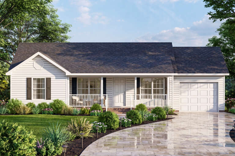 White Country, Front Elevation with horizontal siding, dark shutters, covered porch, stone walkway, and lush landscaping. House Plan # 699-00541 Digital Rendering by America's Best House Plans, Inc.