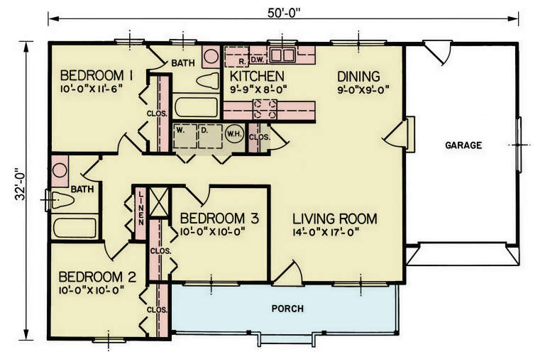 Main Floor: 3BR, 2BA, Living, Kitchen, Dining, Ldry closet, 1-car garage, Porch. Closets: 3 bedroom, 1 linen, 1 utility. House Plan # 699-00541 Main Floor Floor Plan Drawing by America's Best House Plans, Inc.