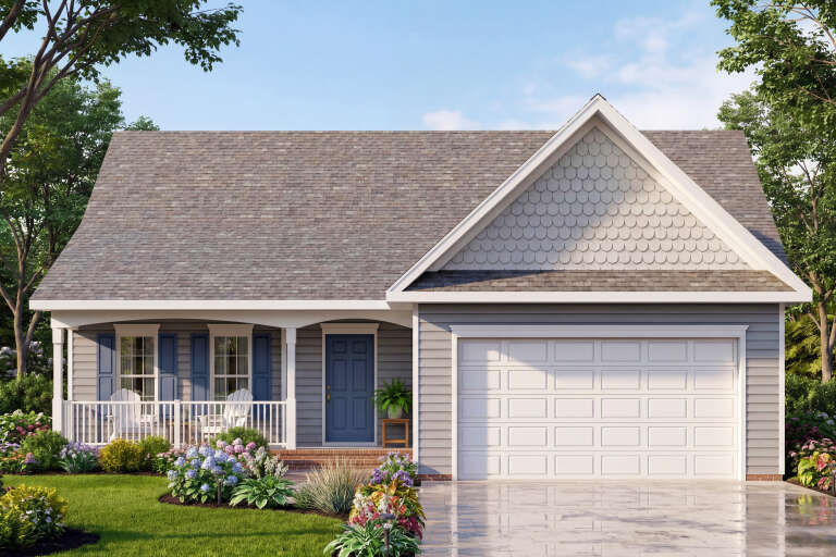 Grey Country Front Elevation, lap siding, shingle gable, blue shutters, blue door, porch, lush garden, paved driveway. House Plan # 699-00542 Digital Rendering by America's Best House Plans, Inc.