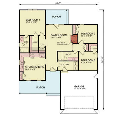 Main Floor: 3BR, 2BA, Kitchen/Dining, Family Room, Gas Fireplace, Ldry, Pantry, Closets, 2 Porches, 1-car Garage. House Plan # 699-00542 Main Floor Floor Plan Drawing by America's Best House Plans, Inc.