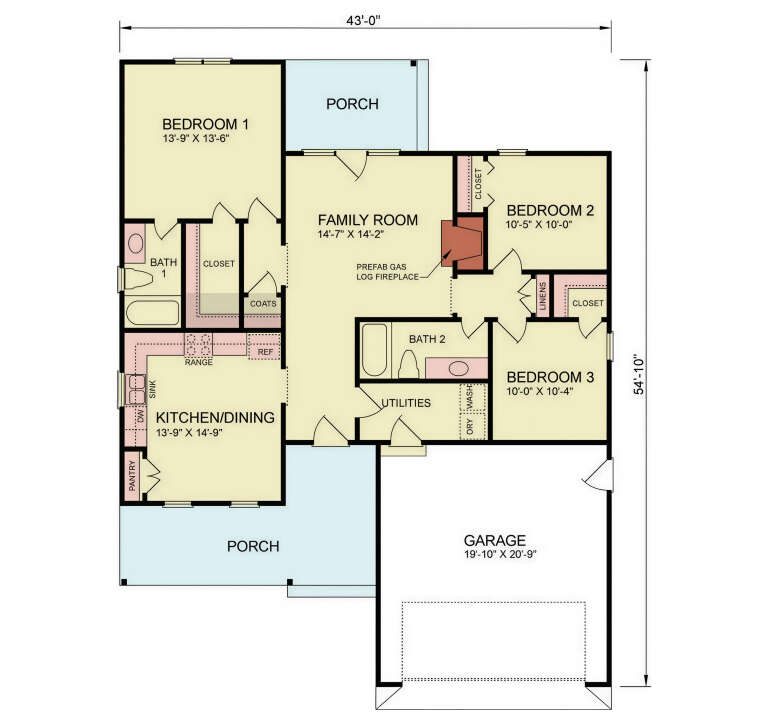 Main Floor: 3BR, 2BA, Kitchen/Dining, Family Room, Gas Fireplace, Ldry, Pantry, Closets, 2 Porches, 1-car Garage. House Plan # 699-00542 Main Floor Floor Plan Drawing by America's Best House Plans, Inc.
