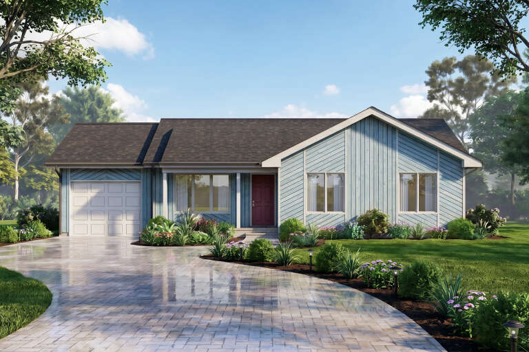 Blue Country Front Elevation, vertical board-and-batten siding, red door, paver driveway, and lush landscaped garden. House Plan # 699-00543 Digital Rendering by America's Best House Plans, Inc.