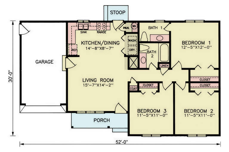 Main Floor: 3BR, 2BA, Living, Kitchen/Dining, Ldry, Garage, Porch, Stoop, Pantry, Coat/Linen/Bedroom Closets. House Plan # 699-00543 Main Floor Floor Plan Drawing by America's Best House Plans, Inc.