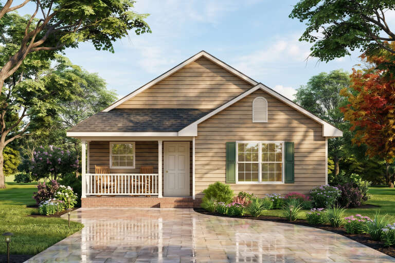 Tan Country Front Elevation, horizontal siding, green shutters, brick porch base, rocking chairs, and lush landscaping. House Plan # 699-00544 Digital Rendering by America's Best House Plans, Inc.