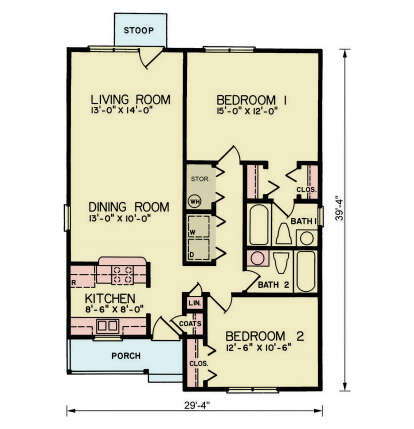 Main Floor: 2BR, 2BA, Living, Dining, Kitchen, Ldry closet, Storage, Coat & Linen closets. Porch, Stoop. Unheated: Porch/Stoop. House Plan # 699-00544 Main Floor Floor Plan Drawing by America's Best House Plans, Inc.