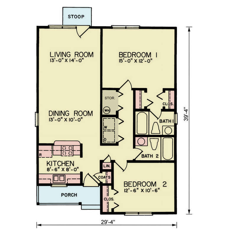Main Floor: 2BR, 2BA, Living, Dining, Kitchen, Ldry closet, Storage, Coat & Linen closets. Porch, Stoop. Unheated: Porch/Stoop. House Plan # 699-00544 Main Floor Floor Plan Drawing by America's Best House Plans, Inc.