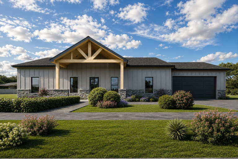 Grey Modern Farmhouse, Front Elevation, board-and-batten siding, stone base, timber porch truss, lush landscaping, lawn. House Plan # 4100-00051 Digital Rendering by America's Best House Plans, Inc.