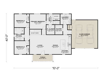 Main Floor: 3BR, 2BA, Living, Dining, Kitchen, Study Nook, Pantry, Ldry, 2-car garage, Porch. 10' ceilings. WIC in Primary. House Plan # 4100-00051 Main Floor Floor Plan Drawing by America's Best House Plans, Inc.