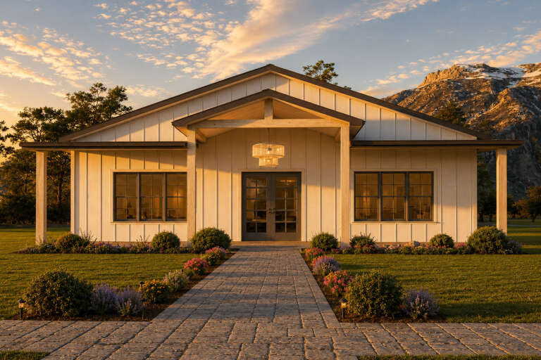 White Modern Farmhouse, Front Elevation at Dusk, board-and-batten siding, pendant porch light, stone path, landscaping. House Plan # 4100-00052 Digital Rendering by America's Best House Plans, Inc.