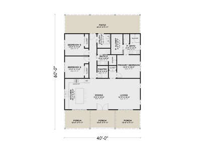 Main Floor: 3BR, 2BA, Kitchen, Dining, Living, Pantry, Ldry, WIC, 3 Porches, Patio. 10' ceilings throughout. House Plan # 4100-00052 Main Floor Floor Plan Drawing by America's Best House Plans, Inc.